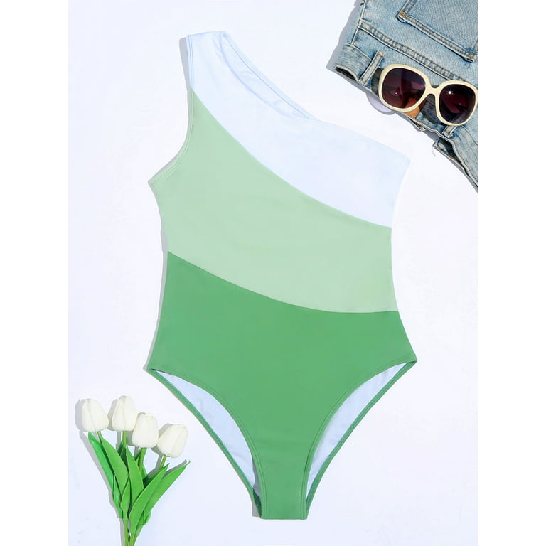 Hotian Women's One Piece Swimsuit Color Block One Shoulder Cut Out Bathing  Suit Sexy Beach Swimwear Beachwear Green XL 