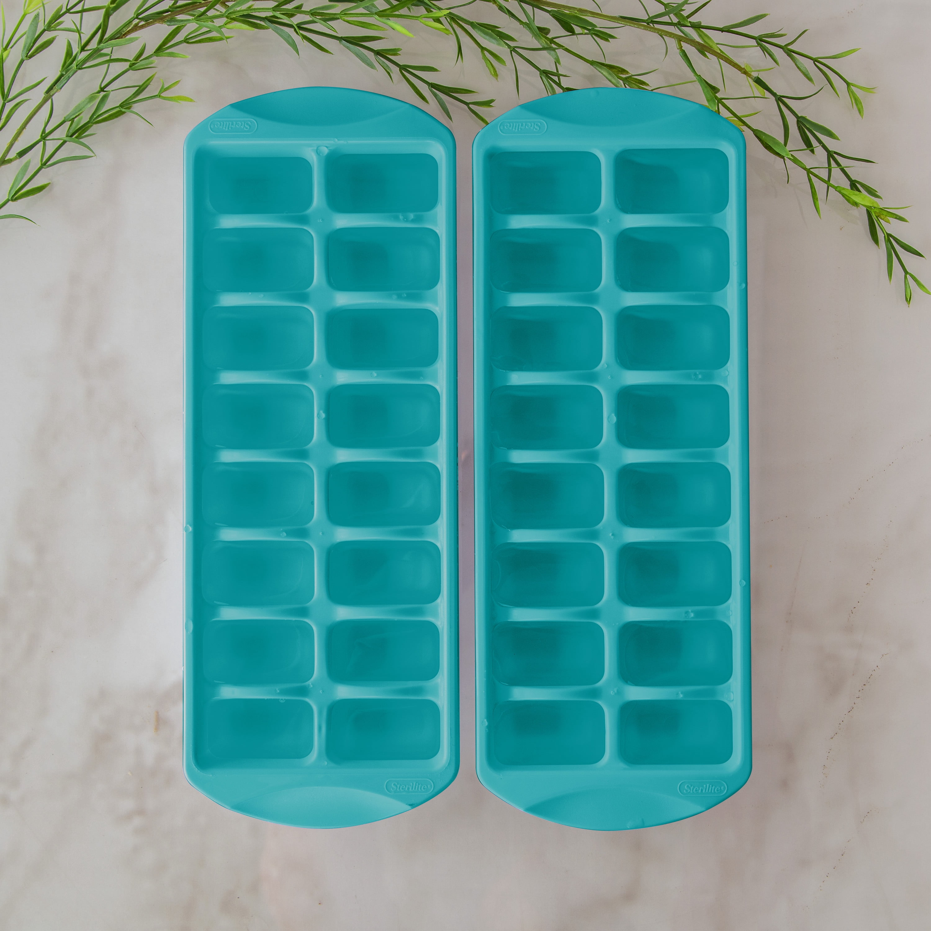 Sterilite, Ice Cube Tray, Set of Two Stacking Ice Cube Trays Plastic, Blue Atoll, plastic, perfect for chilled drink preparation.