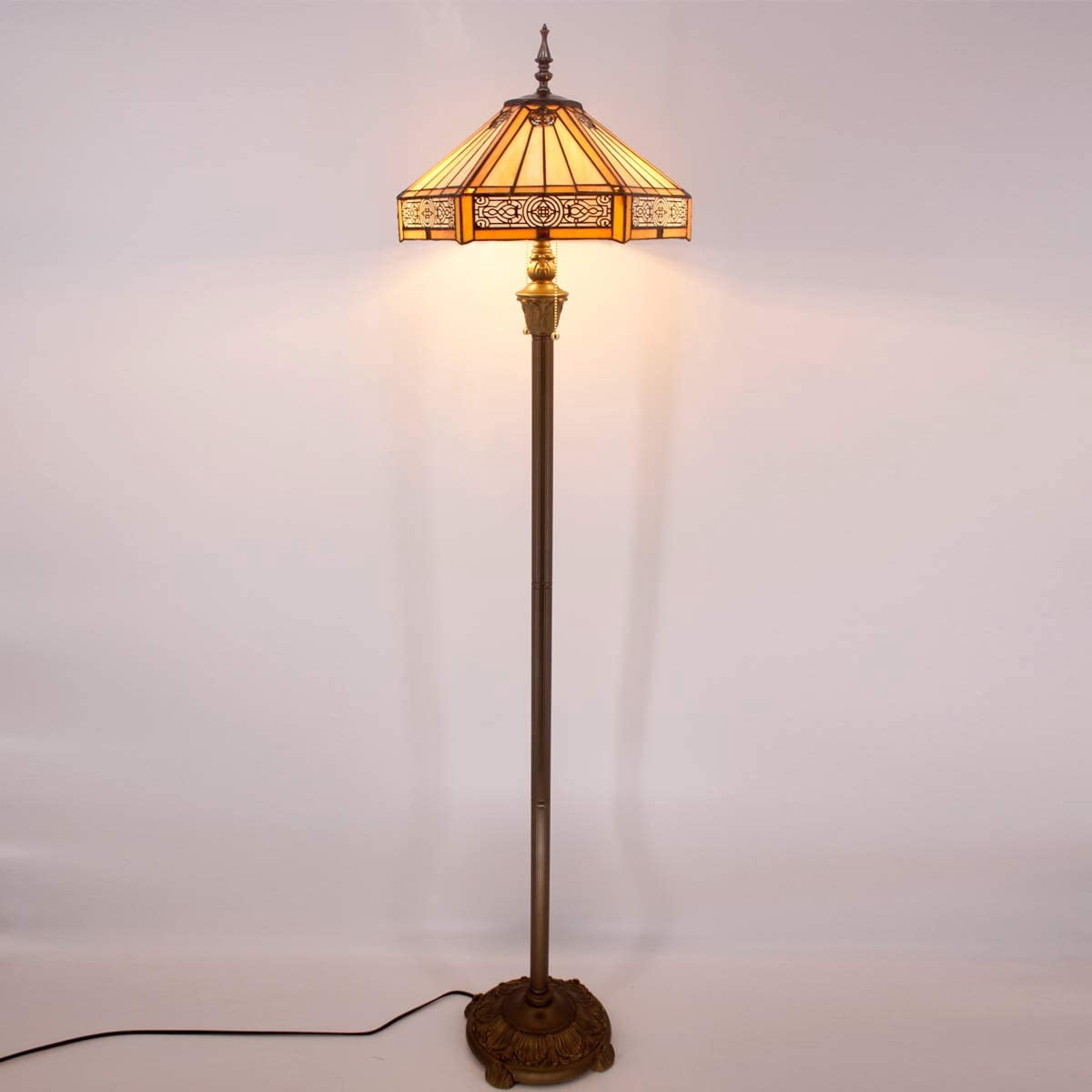 Tiffany Floor Lamp W16H64 Inch Yellow Stained Glass Hexagon Mission Style Shade Antique Standing Read Lighting Resin Base 2E26 S011 LAMPS Lover Gift Bedroom Living Room Bedside Coffee Table