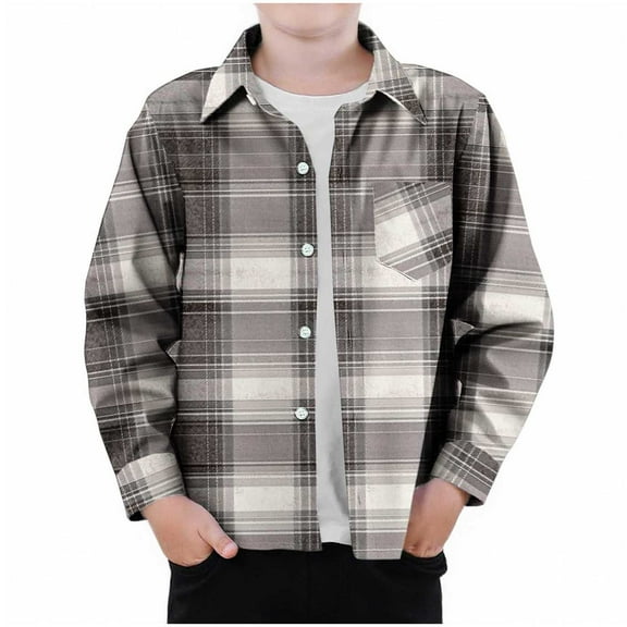 Boys Shirts Long Sleeve Fashion Plaid Printed Casual Button Down Shirt Jackets Fall Winter Children Outerwear with Pocket Brown