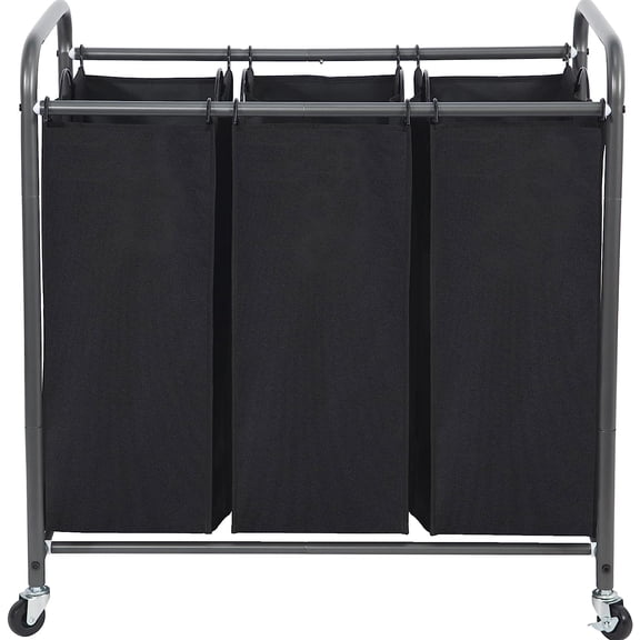 Laundry Sorter 3 Section, 3 Bag Clothes Hamper, Rolling Laundry Cart Basket with Heavy Duty Lockable Wheels and Removable Bag for Laundry Room, Bedroom, Closet, Black