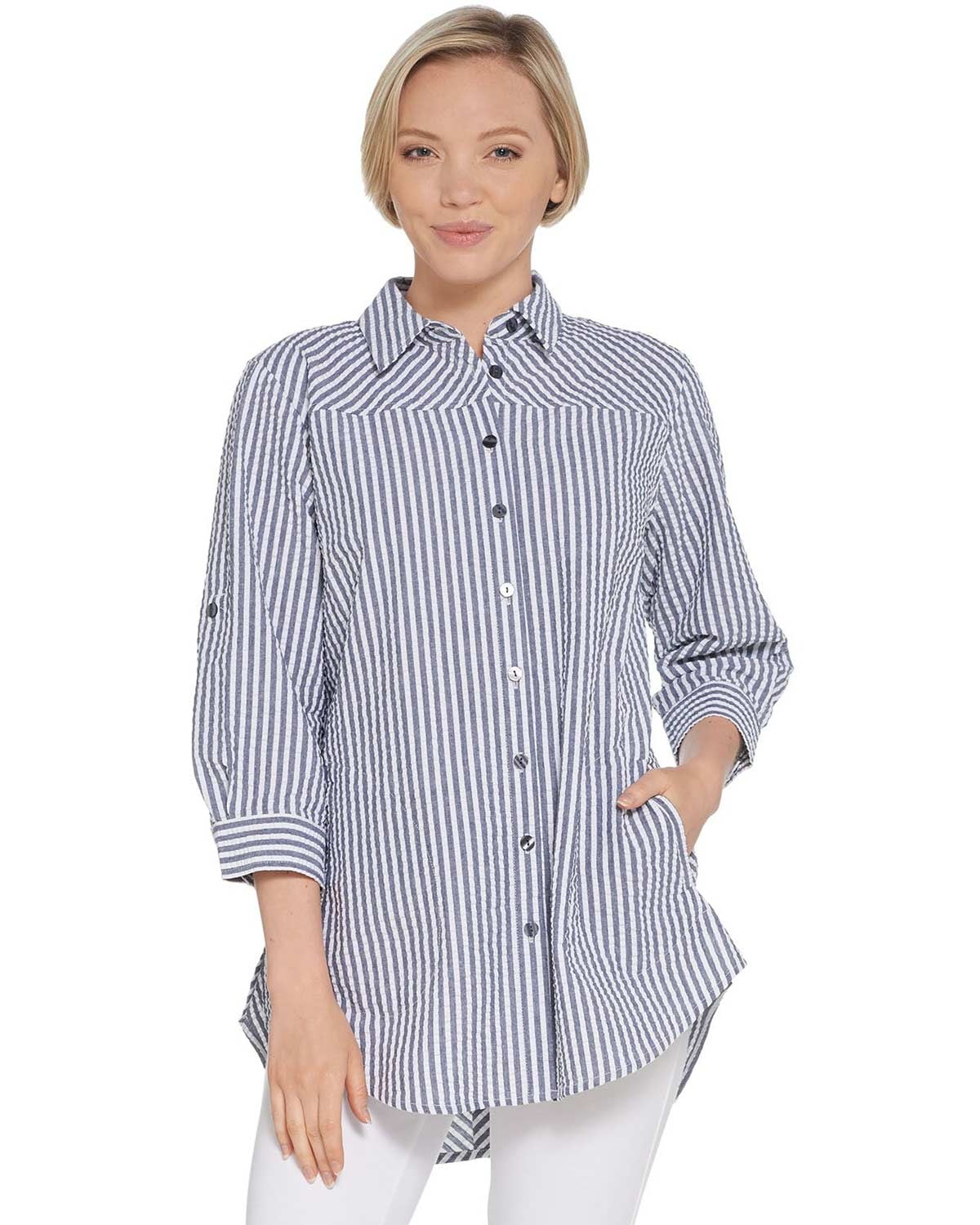 Joan Rivers Joan Rivers Womens 3/4 Sleeve Seersucker Shirt 3X Grey