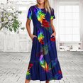 thumbnail image 2 of Penkiiy Women's Summer Feather Print Casual Short Sleeve Crewneck Basic Swing T Shirt Dress Flowy Beach Vacation Sundress L Navy, 2 of 6