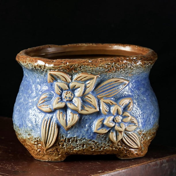 Jarrón de cerámica retro Soledad Macetas suculentas con orificio de drenaje Azul 5.6x4.9x3.9in