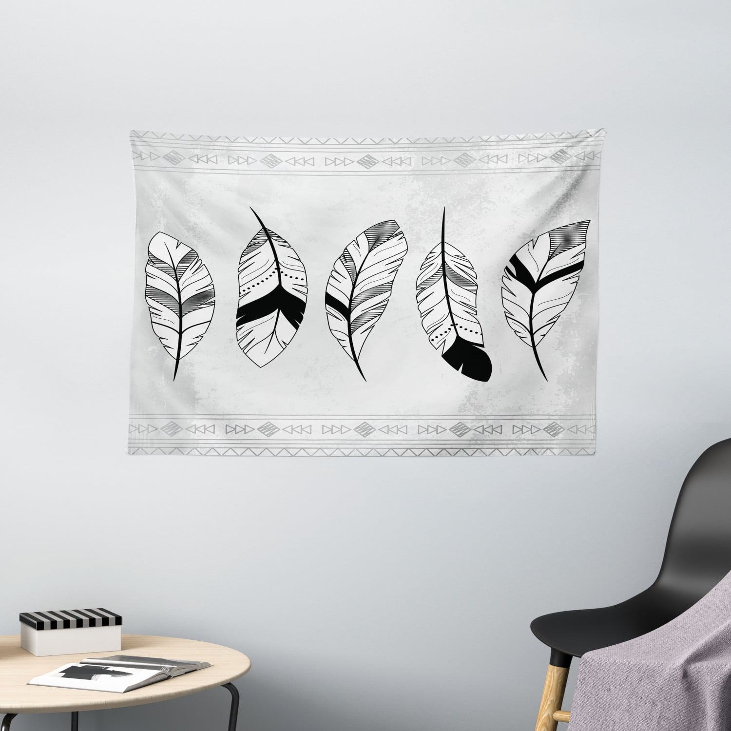 Feather Tapestry, Stylized Doodle Borders with Triangle Motifs Artistic