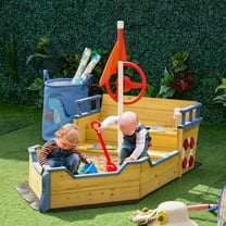 Outsunny Wooden Kids Pirate Sandbox, Outdoor Sandboat with Bench Seats, Storage, Non-Woven Fabric Cloth for Backyard, Lawn, Natural Wood