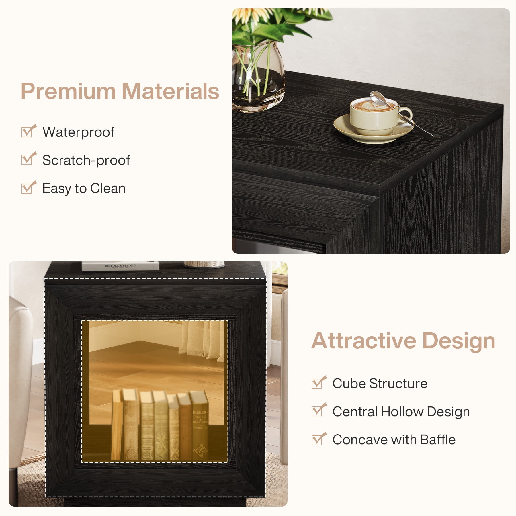 Fnova End Table Farmhouse Square Side Table with Storage, Wooden Sofa Table with Central Hollow Design, Modern Bedside Table, Easy Assembly, for Living Room, Bedroom, Nightstand, Black