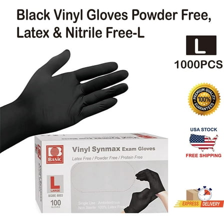1000 PCS Black Vinyl Gloves Powder Free, Latex & Nitrile Free-L