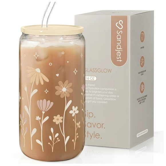 Vaso para beber SANDJEST de vidrio floral de 16 oz con tapa y pajita