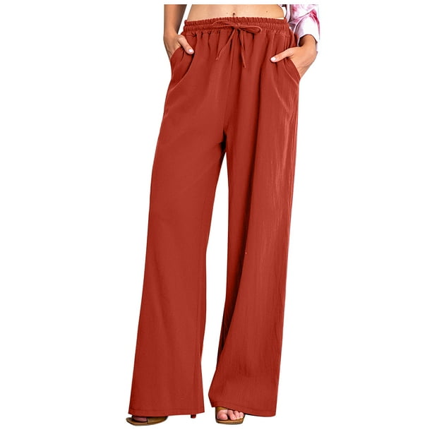 Wide Leg Pants for Women Elastic Waist Solid Cotton Linen Pants Casual  Loose Comfy Lounge Trousers with Pockets