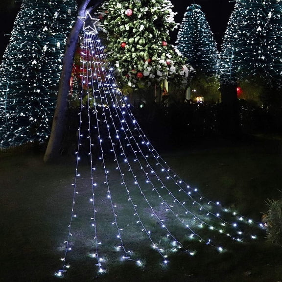 YUYAN-Christmas Decorations Star String Lights, 320 LEDs Outdoor Waterfall Tree Lights with 13" Topper Star, Plug in Waterproof Hanging Fairy Lights for Xmas New Year Holiday Party Yard Decor