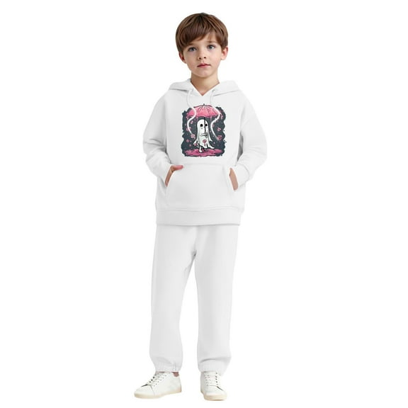 SYMOID Boys White Ghost Graphic Tracksuit | Cute Hoodie & Jogger Set | Soft Polyester Sweatsuit with Elastic Waist for Kids 3-12 Years, Hall-oween Tops,Size 8 T