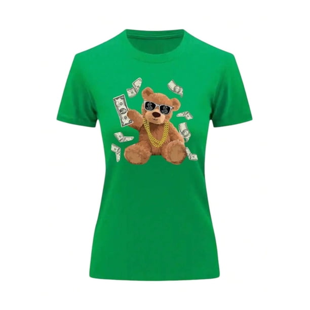 Playera Blusa de Oso Millonario con Dólares Dinero Ropa De Mujer Color Verde Talla Chica Marca Emil SaEs