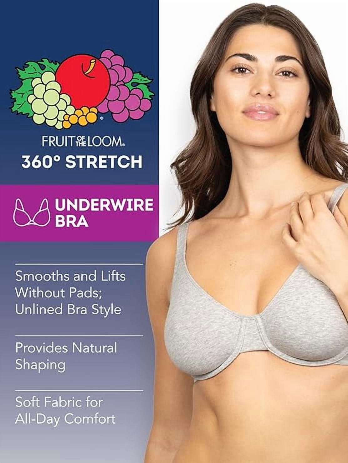 Fruit of The Loom Women's 3-Pack Unlined Underwire Cotton Bra Color-Multicolor, 38DD