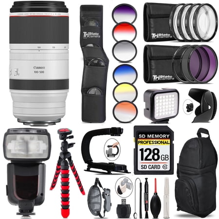Canon RF 100-500mm f/4.5-7.1 L IS USM Lens + Pro Flash + LED Light - 128GB Accessory Bundle