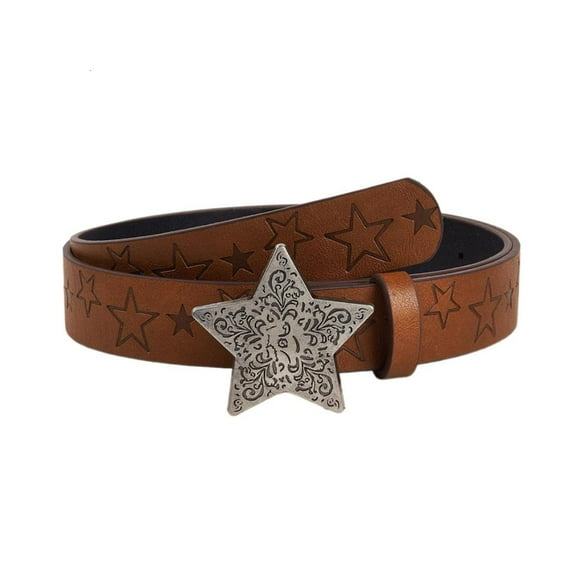 lanema Vintage Star Pattern Buckle Waist Belt Western Cowboy Cowgirl Adjustable Engraved Faux Leather Waistband for Women Jeans