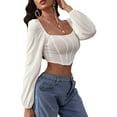 thumbnail image 4 of Seyurigaoka Women's Square Neck Crop Tops Long Sleeve Solid Color Slim Fit Asymmetrical Navel T-Shirts for Club Party, 4 of 7