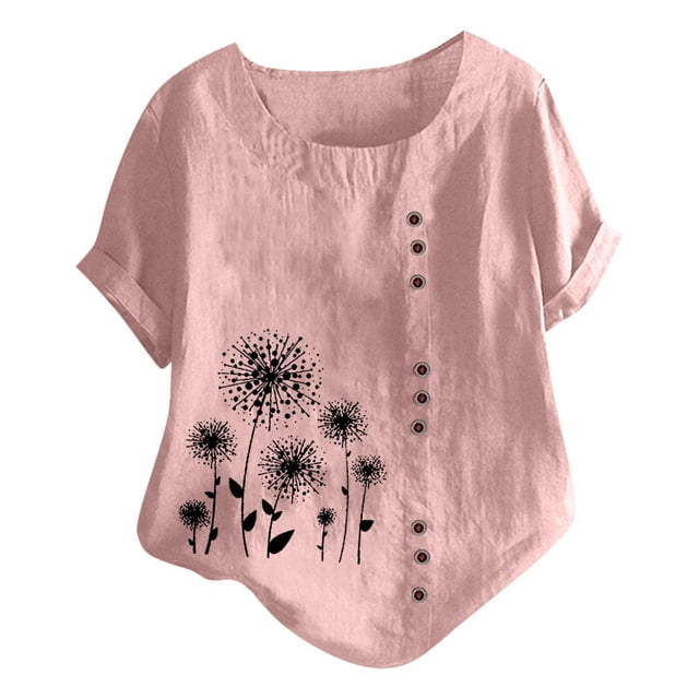 Women's Casual Blouses New Linen Short Sleeve Button with Round Neck Printed Tees for Ladies