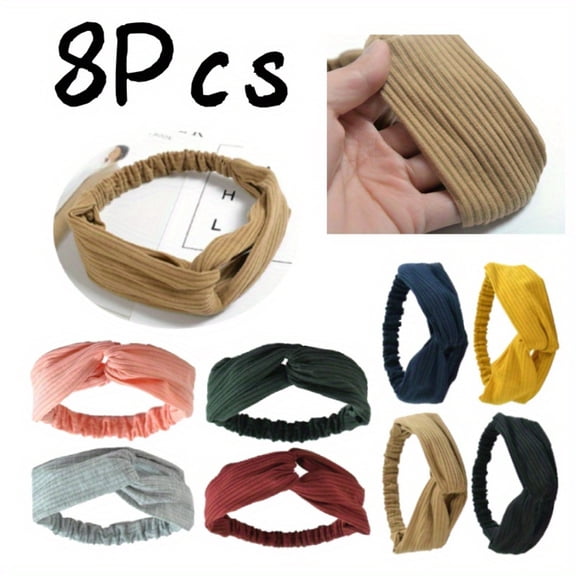 8 Pack Stretchy Headbands for Women and Little Girls, Cross Hairband Set in 8 Colors (40-52cm), Fashion Shampoo Sports Headbands for Teens