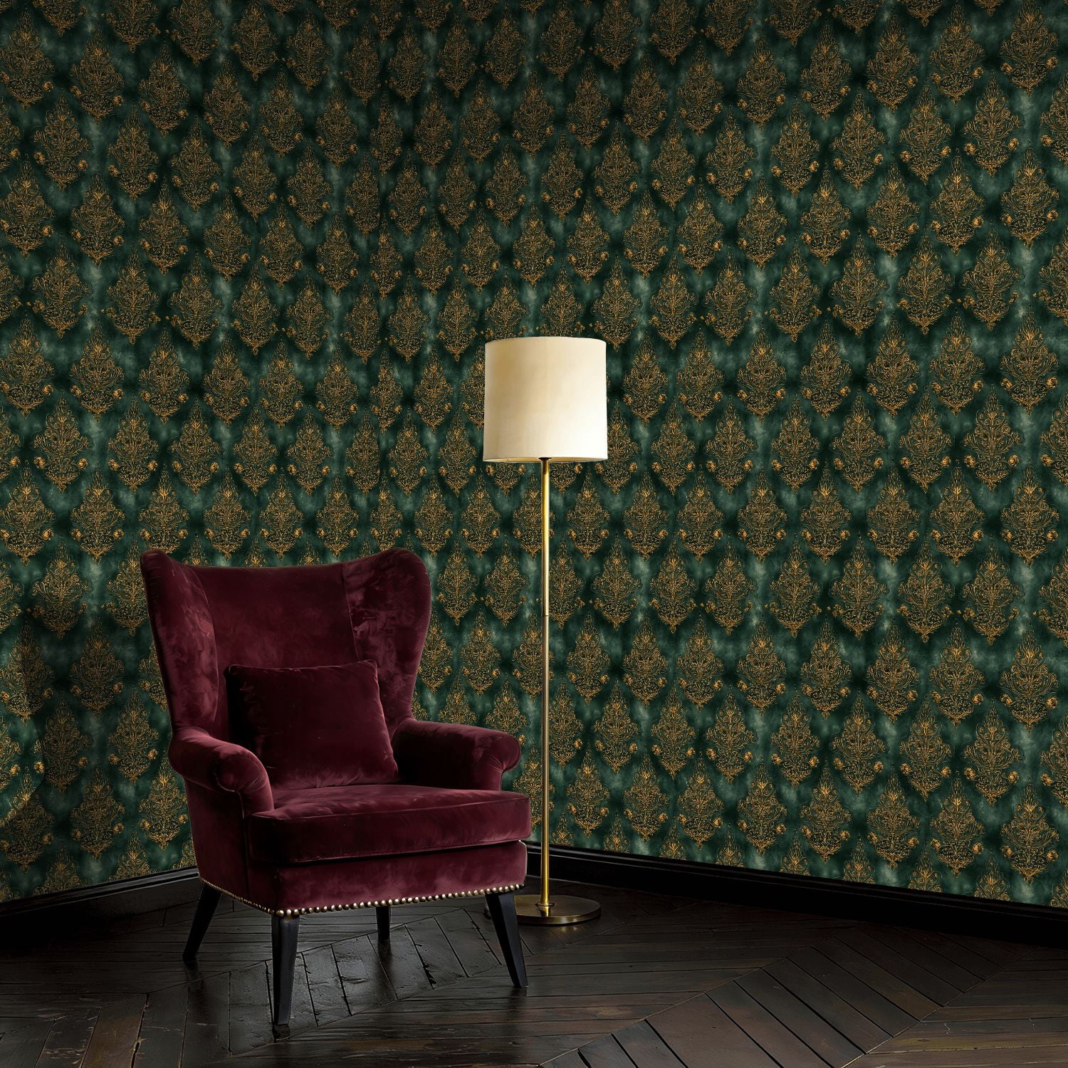 Peel and Stick Wallpaper Baroque Elegant Vintage Gold Floral Damask Dark Green Wall Mural 17.7in x 9.8ft Self Adhesive Removable Wall Paper Renter Friendly Wallpaper for Nursery Bedroom Cabinets