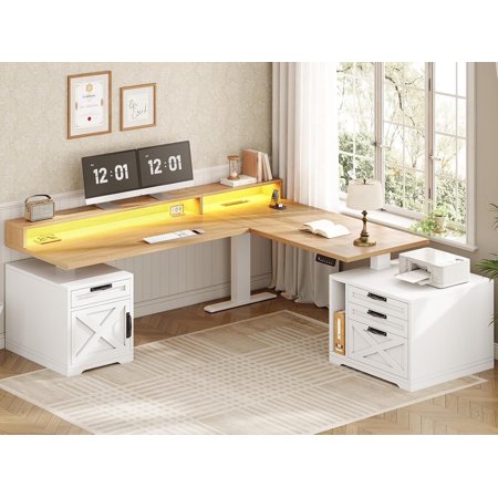 Farmhouse Standing Desk with Storage Elegant Stand Up Home Office Desk with Power Outlets Drawer & Cabinet Height Adjustable Computer Desk with Monitor Stand Large PC Workstation White & Natural