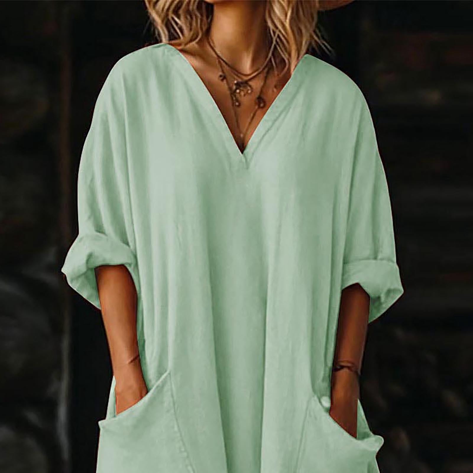 Dresses for Women, Womens Casual Loose Cotton Linen Long Shirt Dress, V-Neck Cuffed Sleeve Side Split Dresses with Pockets
