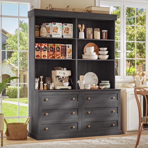 71" Tall Farmhouse Pantry Cabinet,Freestanding Coffee Bar Hutch With Adjustable Shelves,Large Storage With 6 Drawers for Living Room,Dining Room,Black,2 Pcs