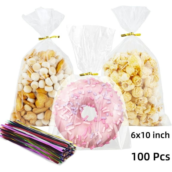 Cello Cellophane Treat Bags,Clear Plastic Treat Bags with Twist Ties for Gift Wrapping,Packaging Candies,Dessert,Bakery, Cookies, Chocolate,Party Favor,100 pack,6x10 inch