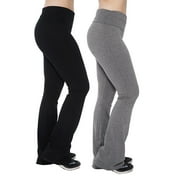Women Fold-Over Waistband Flared Boot Leg Yoga Workout Pants (2PK - Black/H Grey, L)