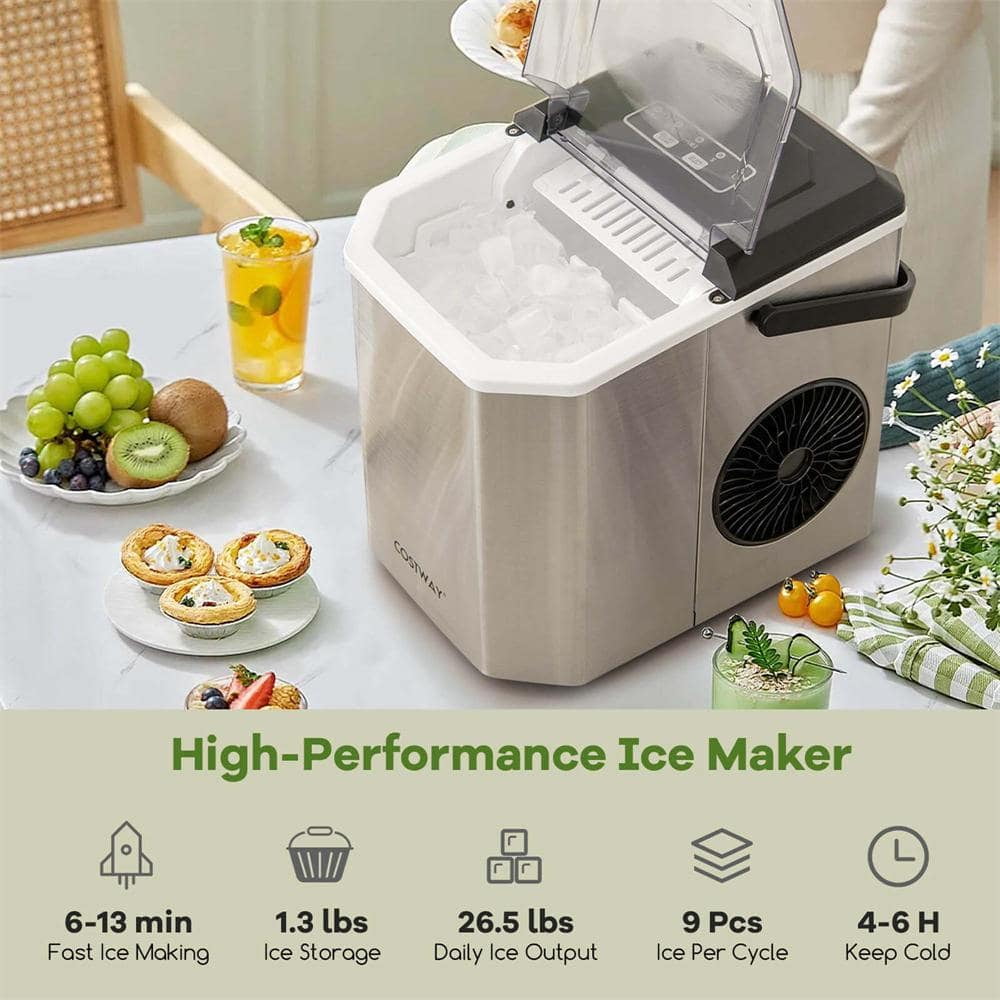 8.7 in. 26.5 lbs./24 Hrs Countertop Portable Ice Maker in Silver