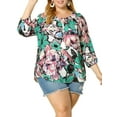 thumbnail image 5 of Agnes Orinda Women's Plus Size Self Tie Neck 3/4 Sleeves Floral Colorful Blouse 2X Green, 5 of 8