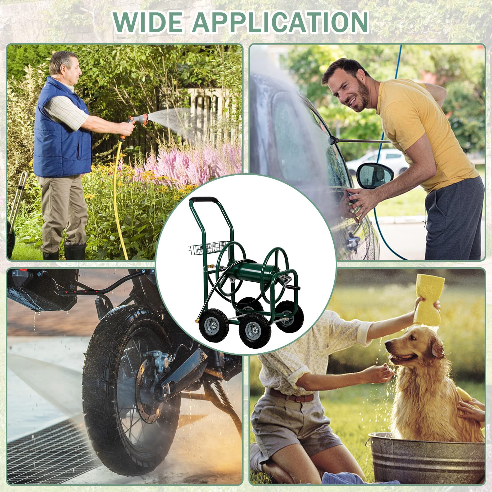 Garden Hose Reel Cart,  Hose Reel Cart with  4 Wheels, Heavy Duty Outdoor Water Planting Truck with Storage Basket (Green)