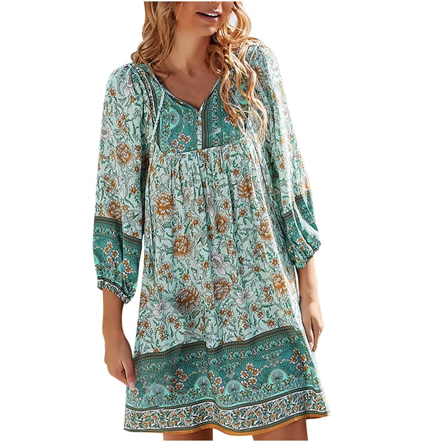 Robe Mini Boho Manches 3/4 pour Femmes Imprimé Bohème Vintage Décontractée Robe Ample Tendance Été Col en V Robe de Soleil Fluide