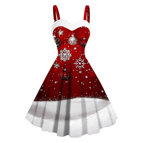 Women Christmas Dress - Holiday Dresses for Women 2024 Christmas, Womens Christmas Retro Dresses Xmas Snowflake Printes Dress Sleeveless Tunic Dresses Pleated Dress