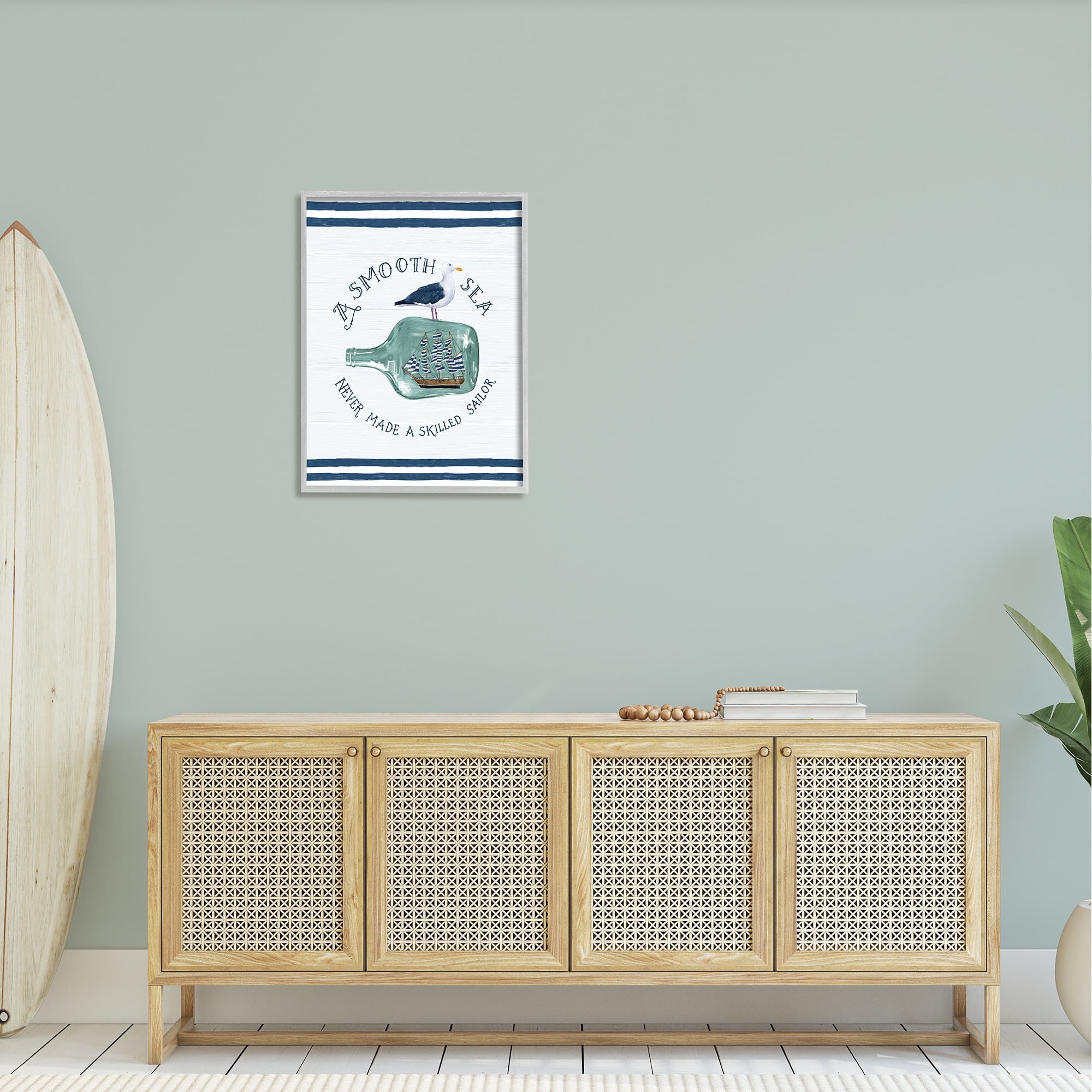 Stupell Industries Nautical Beach Saying Seagull Grainy Stripes Pattern Graphic Art Gray Framed Art Print Wall Art, Design by Raquel Maciel