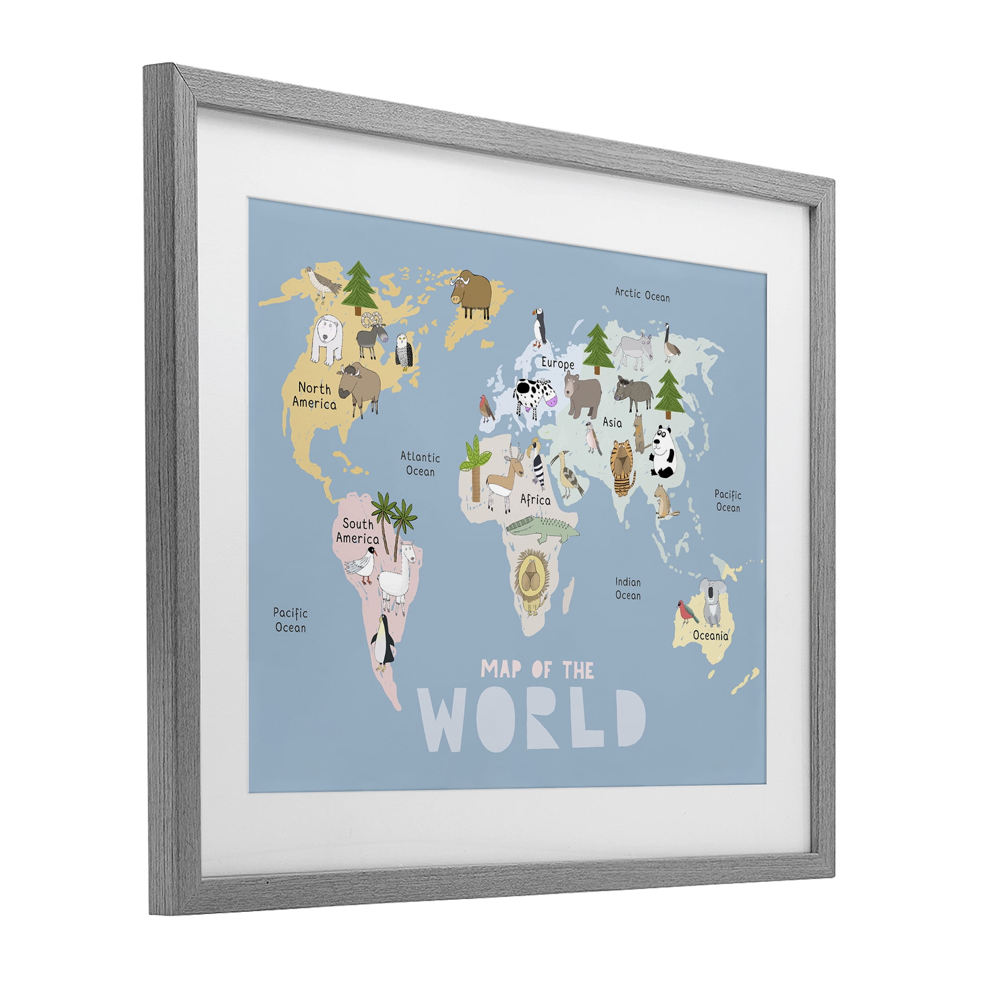 Kid's Map Of World Blue Gray Framed Print Under Glass, design by Carla Daly