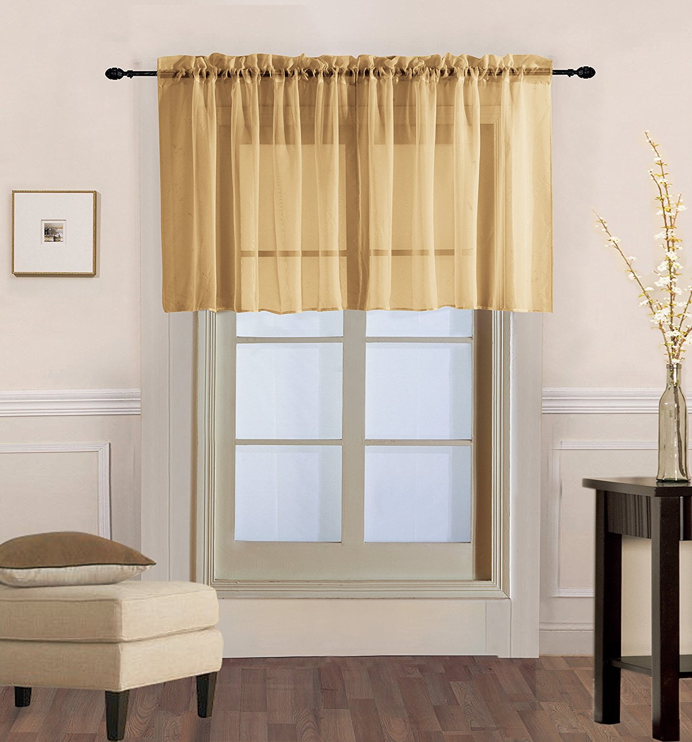 Decotex 1 Piece Sheer Voile Rod Pocket Multi Use Straight Window Curtain Valance Topper (55&quot; X 18&quot;, Gold)