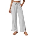 thumbnail image 2 of Gamviast Womens Striped Wide Leg Pants Elastic Waist Drawstring Side Slit Casual Palazzo Trousers with Pockets Lightweight Beach Pants for Vacation Lounge Summer Wear Gray XL, 2 of 7