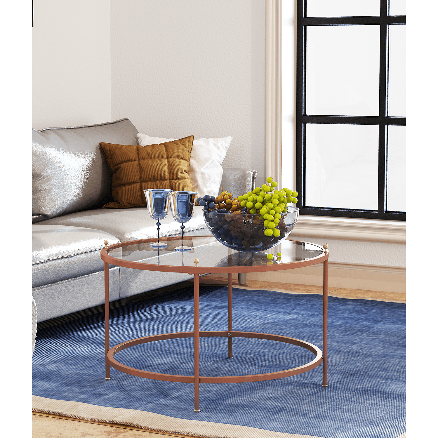 Kadyn 33" Glass Tabletop Coffee Table, Carbon steel Coffee Table for Living Room, Modern Round Coffee Table, Rose Gold Kadyn 33" Glass Tabletop Coffee Table, Carbon steel Coffee Table for Living Room, Modern Round Coffee Table, Rose Gold