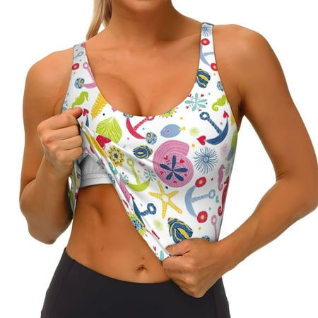 Qokaie Undersea Seahorse Pattern Womens Scoop Neck Sports Bra Breathable Workout Vest Padded U Back Medium Impact Fitness Gym Yoga Bra Workout Crop Top