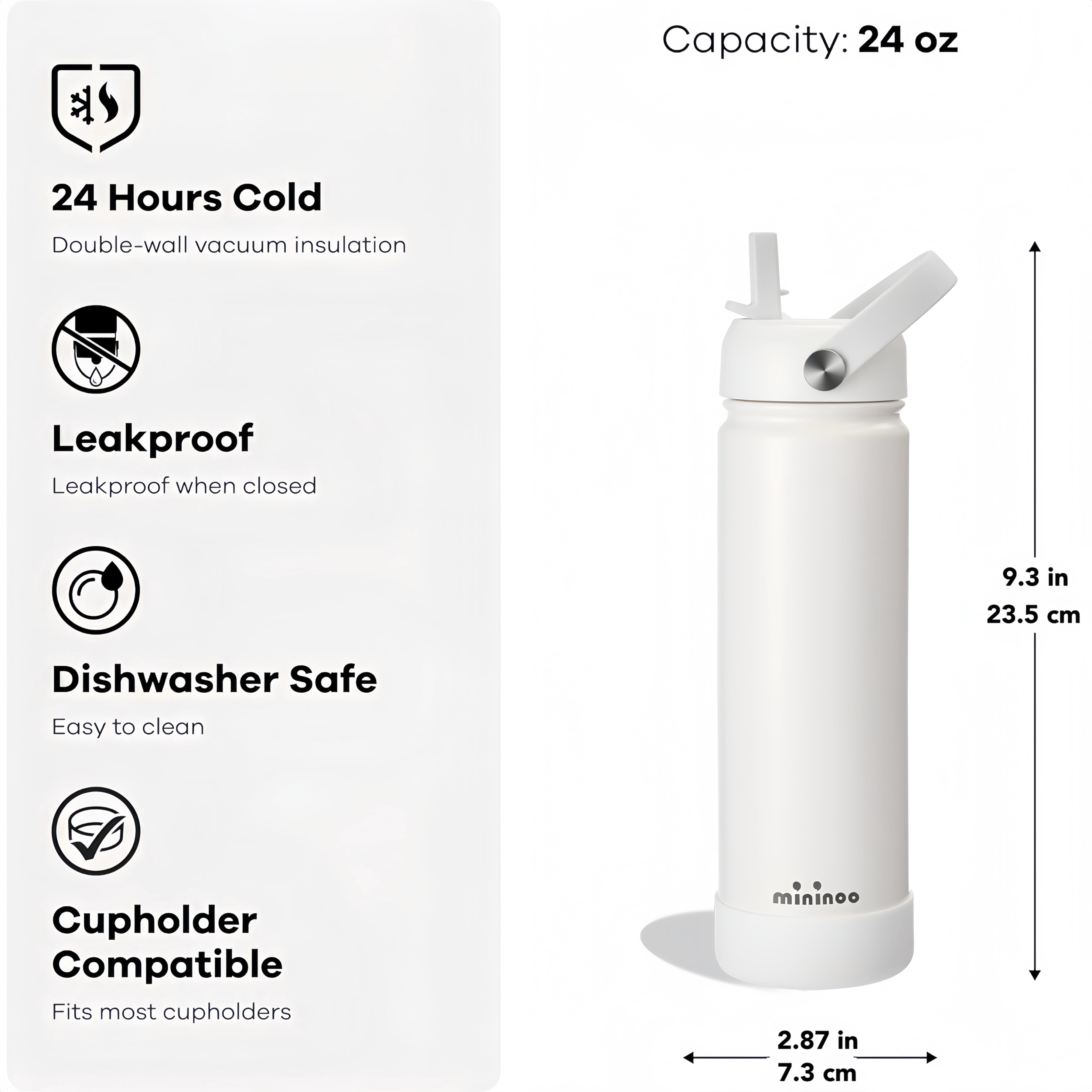 Mininoo 24 oz Insulated Stainless Steel Water Bottle with Straw Lid, Ceramic-Lined, BPA-Free, White