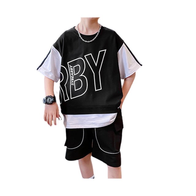 Minnieouse 2 uds. Ropa deportiva con letras para niños, Jersey holgado, pantalones cortos, ropa estampada, conjuntos de ropa informal, ropa de conjuntos de ropa Negro ciento cincuenta