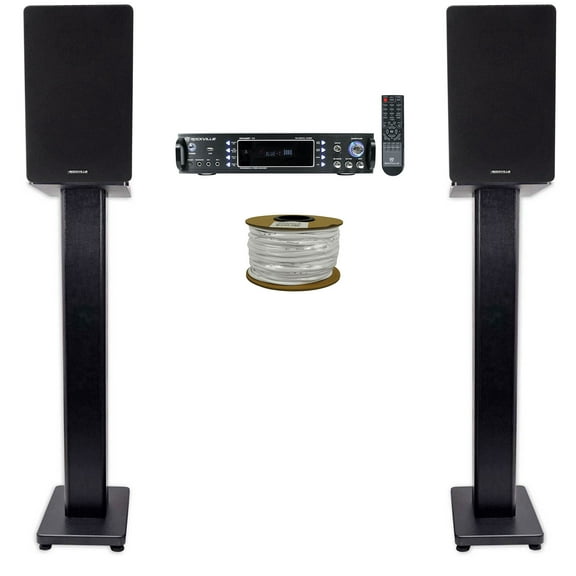 Rockville RPA60BT Receiver (2) 6.5" Black Bookshelf Speakers Black 36" Stands   Rockville R14GSBR100 Red/Blk 14 Gauge 100' Ft. Mini Spool Car Audio Speaker Wire