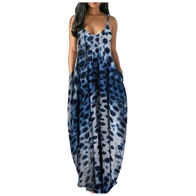 Nouvelle Robe Imprimé Léopard Sans Manches Ample Maxi Robe Longue avec Poches Robe Longue Bohème