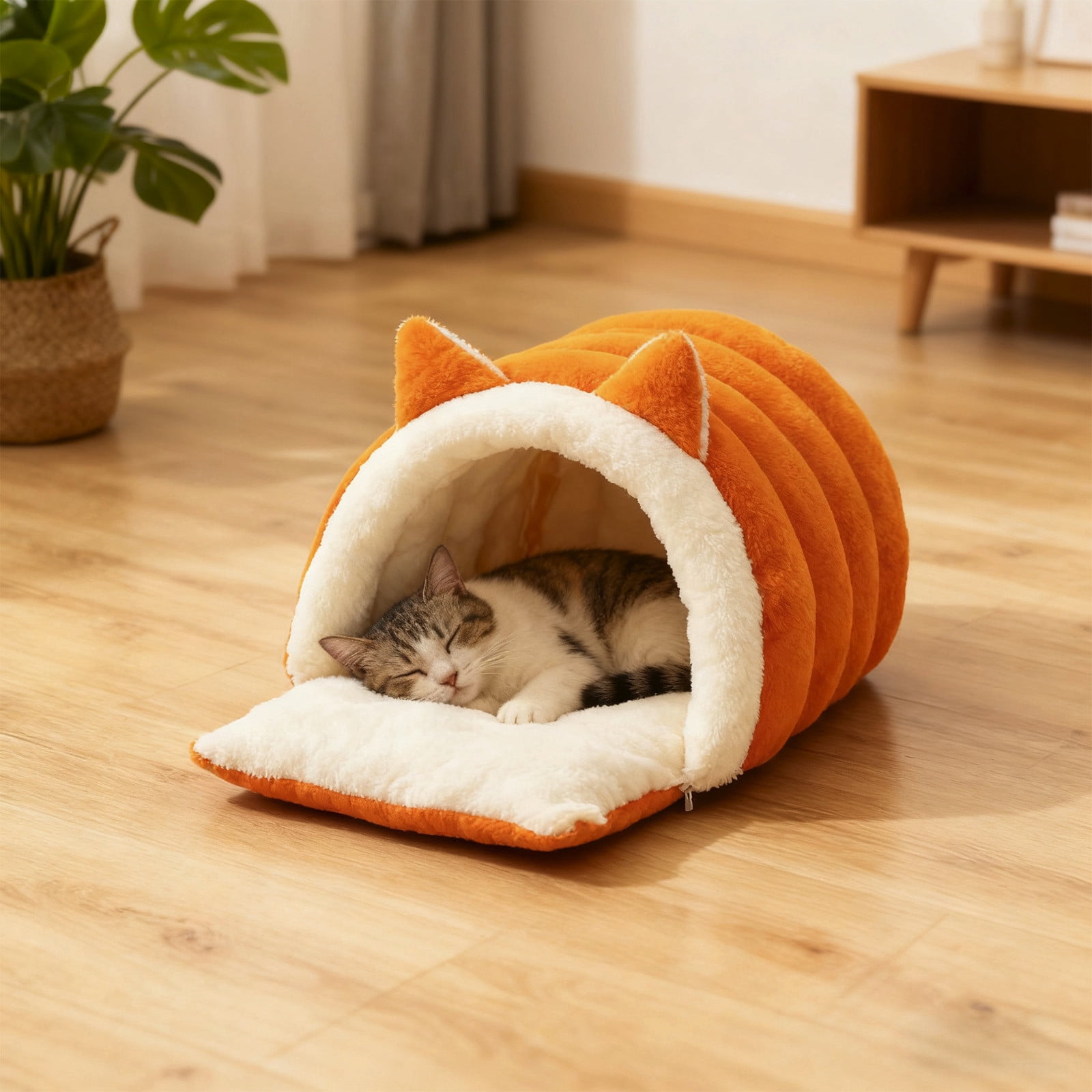 Washable Cat Bed, Warm Plush Non-Slip Semi-Enclosed Kitten Bed Cat Furniture, Pet Sleeping Bed for Cold Weather Indoor Living Room Home Decor for Cats and Small Dogs