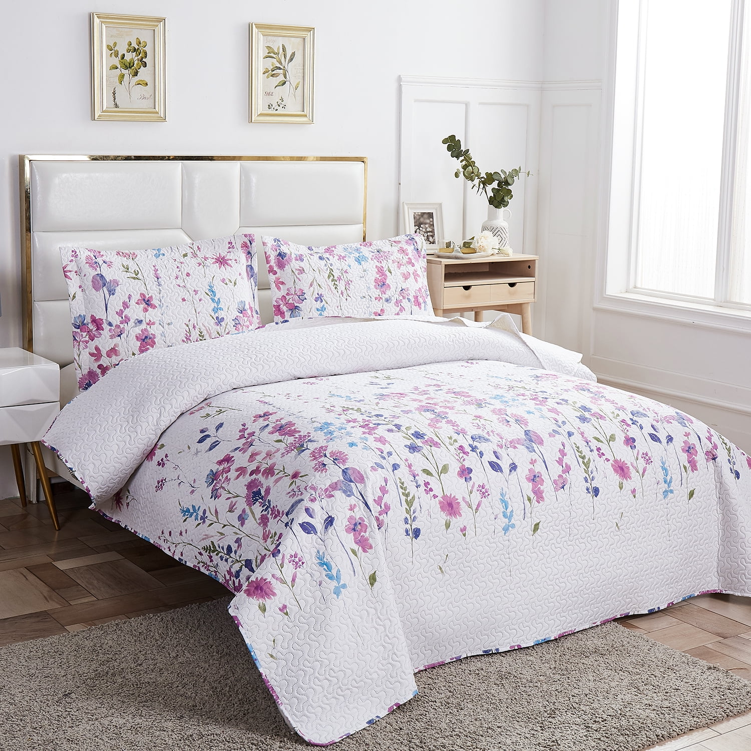 Jessy Home Floral Quilts Queen/Full Purple Lilac Flower Bedding Microfiber Bedspread Set
