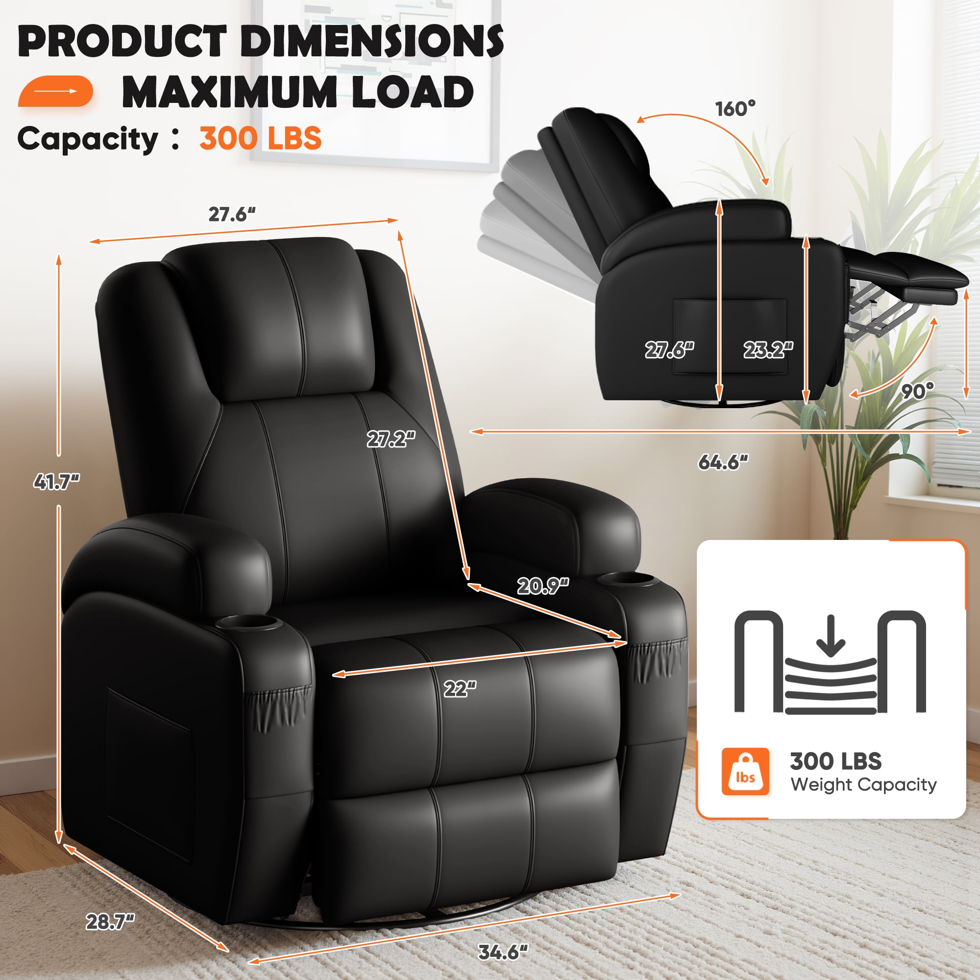 Furmax 360° Swivel Rocking Chair Power Massage Recliner With nursing Needs Oversized Furniture For Living Room,,PU Black