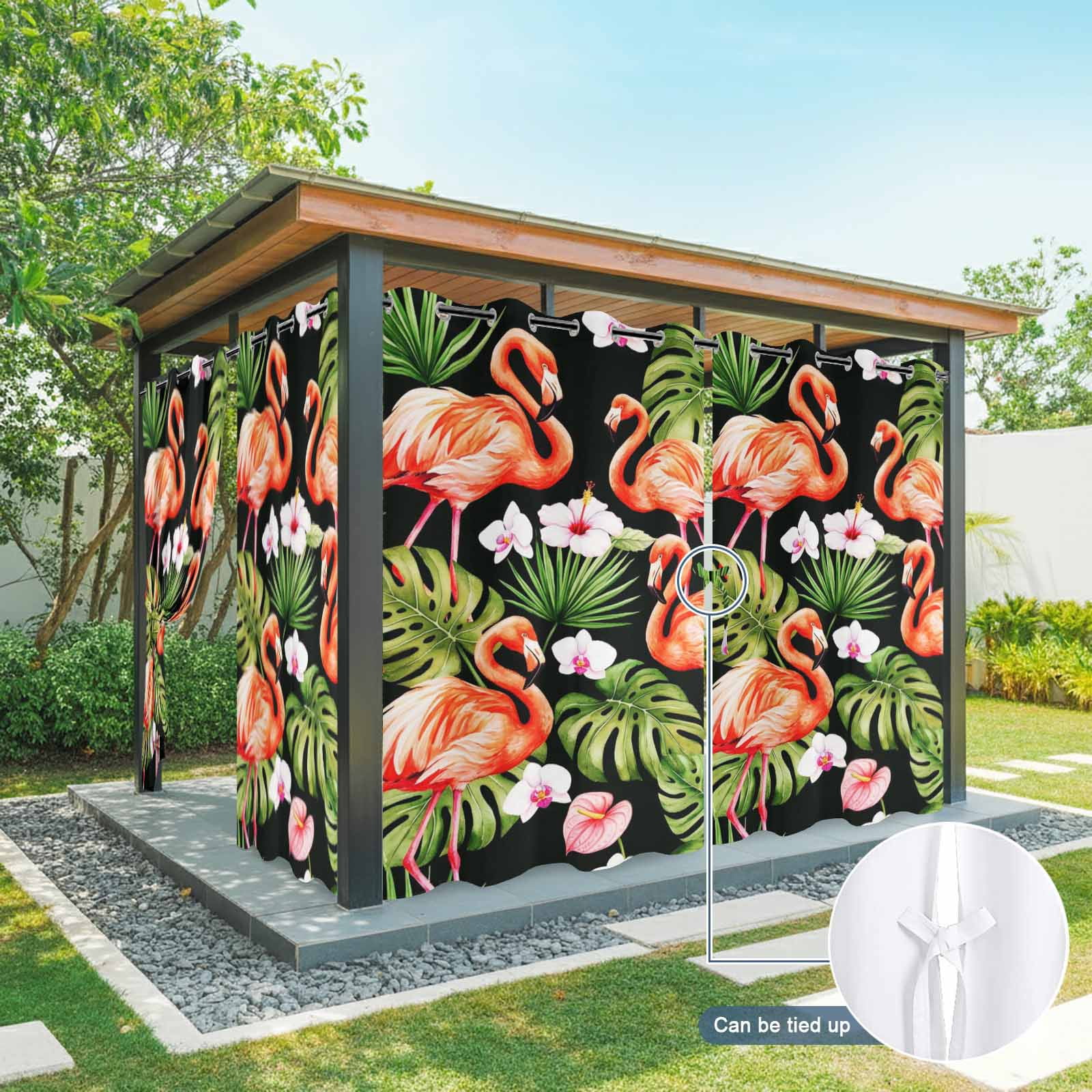 Pink Flamingos Outdoor Curtains for Patio, Green Tropical Leaf Hibiscus Flower Botanical Sunshade Privacy Drapes Grommet Waterproof Outside Curtains for Porch/Cabana/Balcony 54"x 108", 1 Panel