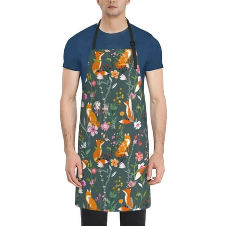 

Picia Wolf Fox In Flower Forest Waterproof Apron for Unisex Adult - Adjustable Bib Apron with Pockets Ideal for Cooking Gardening Painting and Household Chores