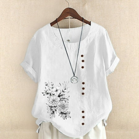 

WOXINDA Women s Printed Round Neck Raglan Sleeve Hem Slit Loose Short Sleeve Button Decoration Shirt Workout Shirts for Women plus Size plus Size Camisole Bra